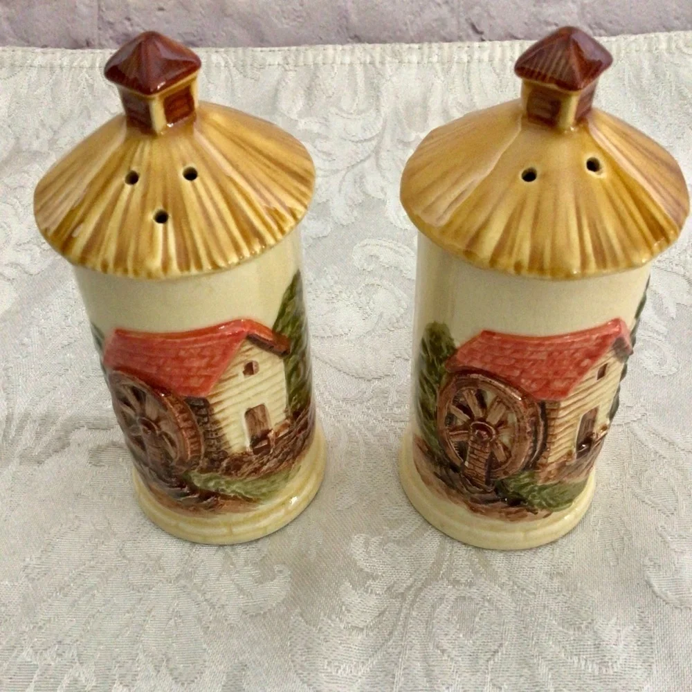 Vintage Ceramic Waterwheel Cottage Salt and Pepper Shaker Set Japan